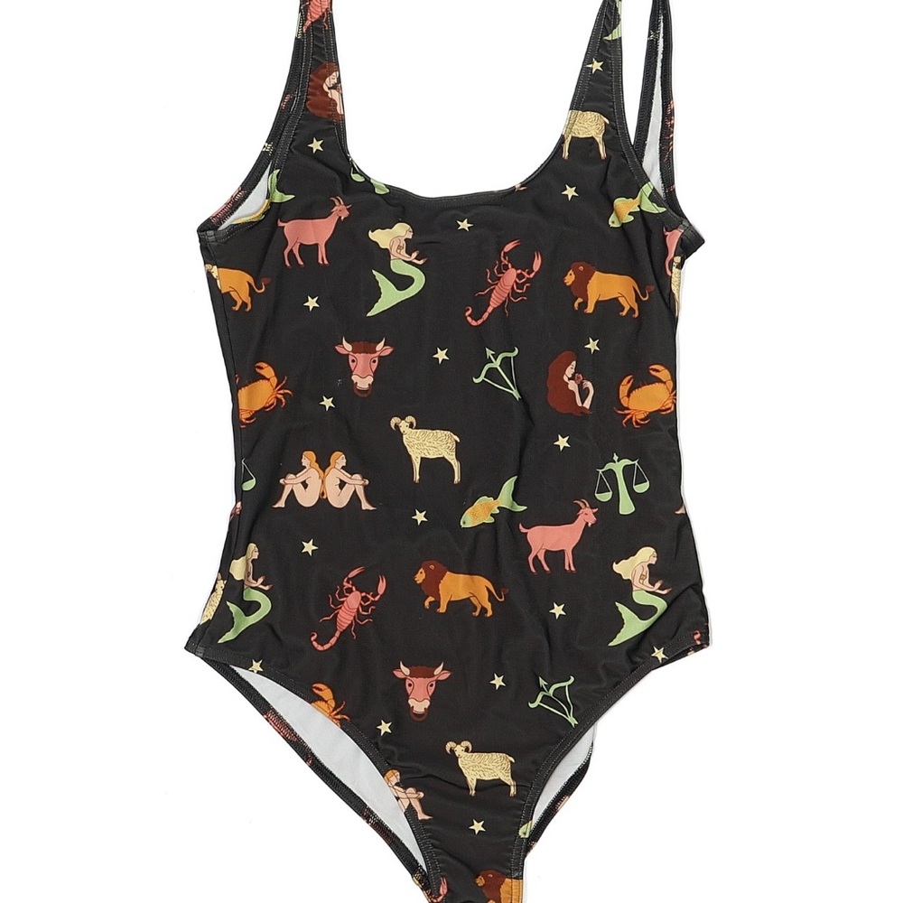 Women’s Black One-Piece Swimsuit with Colorful Zodiac Print